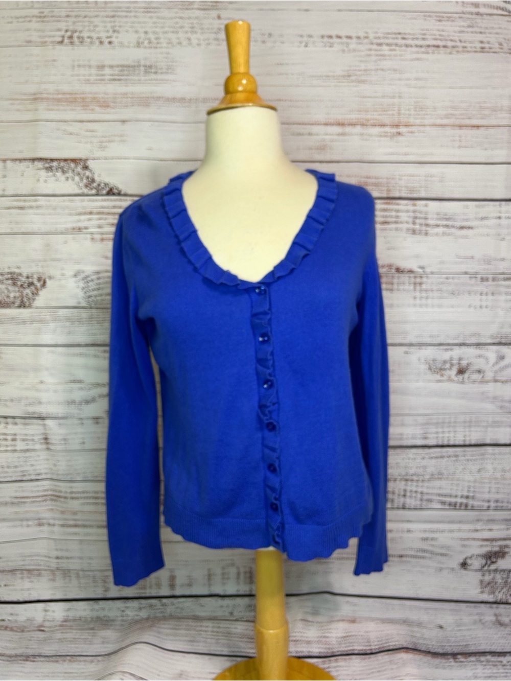 Kenneth Cole Women’s Royal Blue Ruffle V-Neck Cardigan Sweater - Women